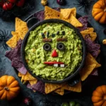 Frankenstein guacamole dip with olive eyes and pepper mouth on Halloween platter surrounded by tortilla chips