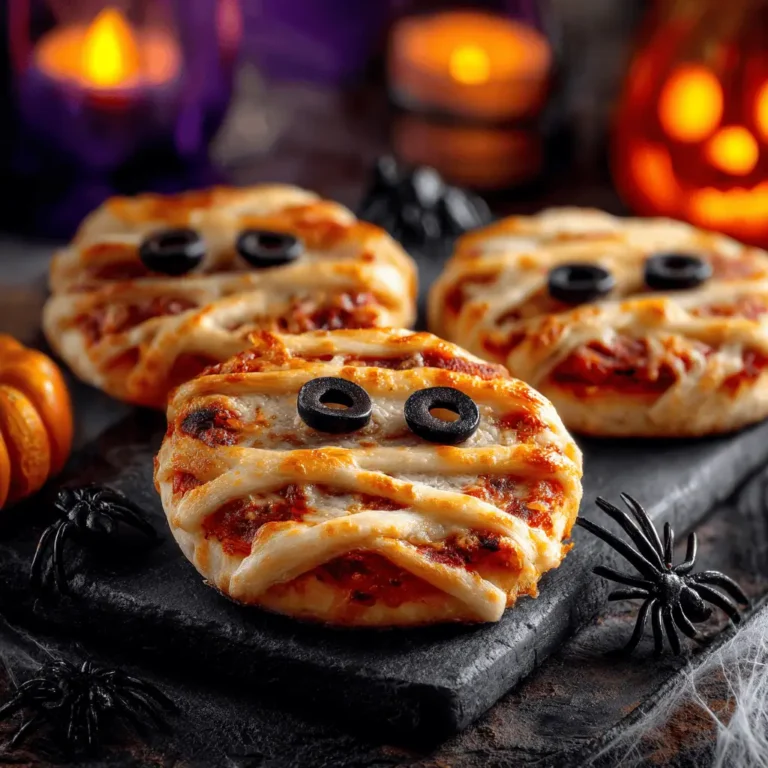 Mini mummy pizzas with cheese bandage strips and olive eyes on Halloween-themed dark serving board with spooky decorations