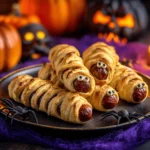 Spooky mummy hot dogs with puff pastry wrapping and olive eyes on Halloween-themed dark platter with decorations