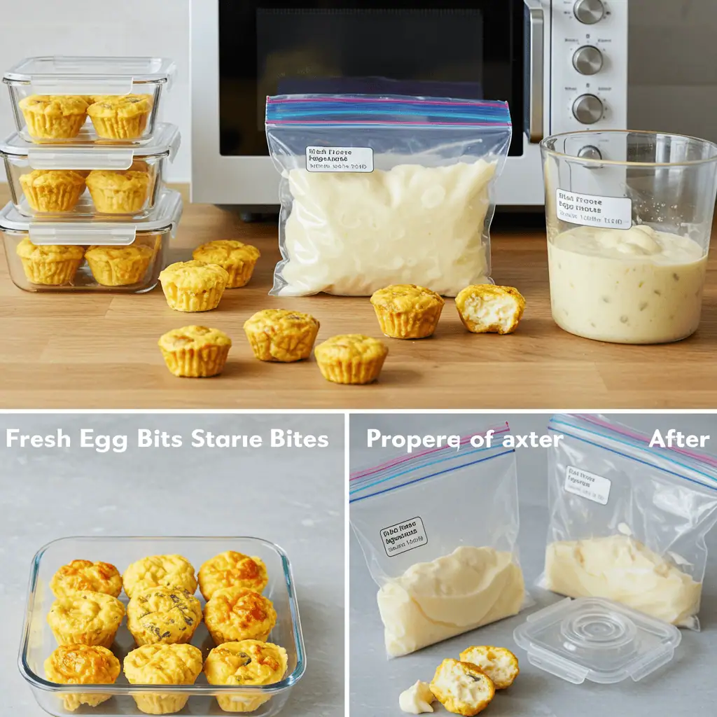 Organized egg bite storage and reheating system showing glass containers, freezer storage, and proper texture preservation techniques