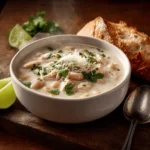 Classic white chicken chili with white beans in ceramic bowl with steam rising, garnished with cheese and cilantro