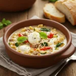 A steaming bowl of creamy white lasagna soup with melted mozzarella, fresh basil, and visible pasta pieces, vegetables, and ground meat in rich white broth
