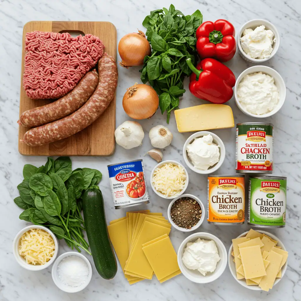 Flat lay of white lasagna soup ingredients including ground beef, Italian sausage, fresh vegetables, three types of cheese, broken pasta, and seasonings arranged on marble countertop