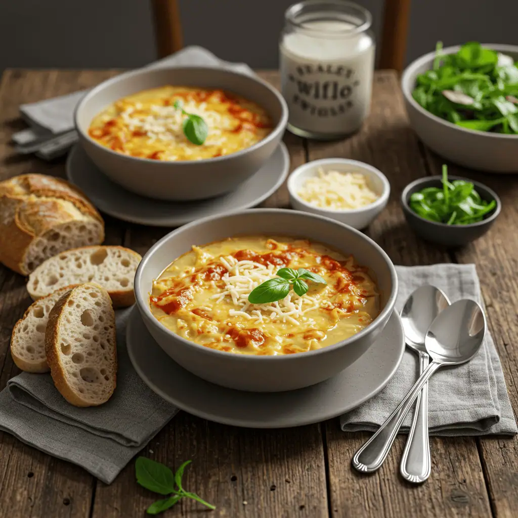 Two bowls of white lasagna soup served on wooden table with crusty bread, side salads, and cloth napkins in cozy dining setting