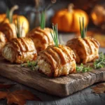 Pumpkin-shaped sausage rolls with golden pastry ridges and chive stems on wooden board with Halloween decorations