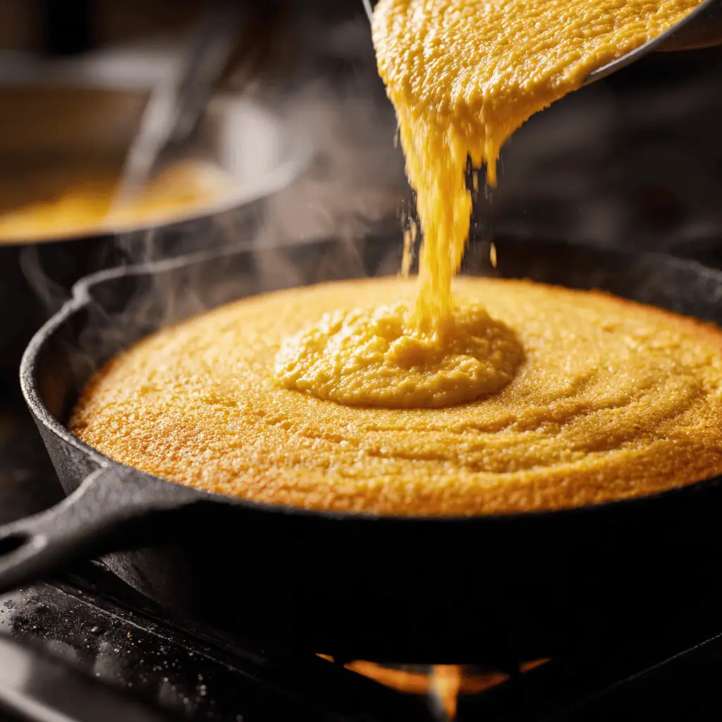Dairy free cornbread batter being poured into hot cast iron skillet with steam rising