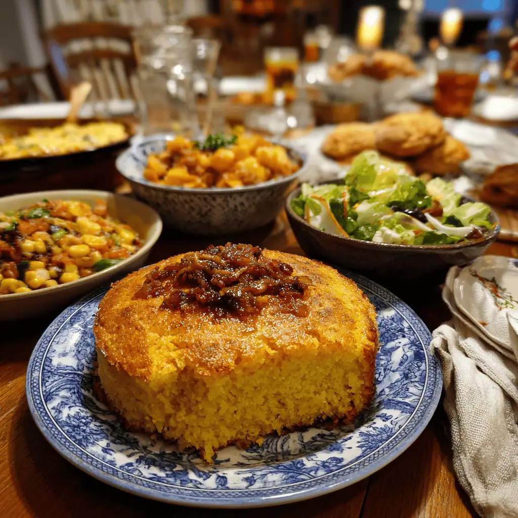 Dairy free cornbread on serving platter at family dinner table with comfort food dishes