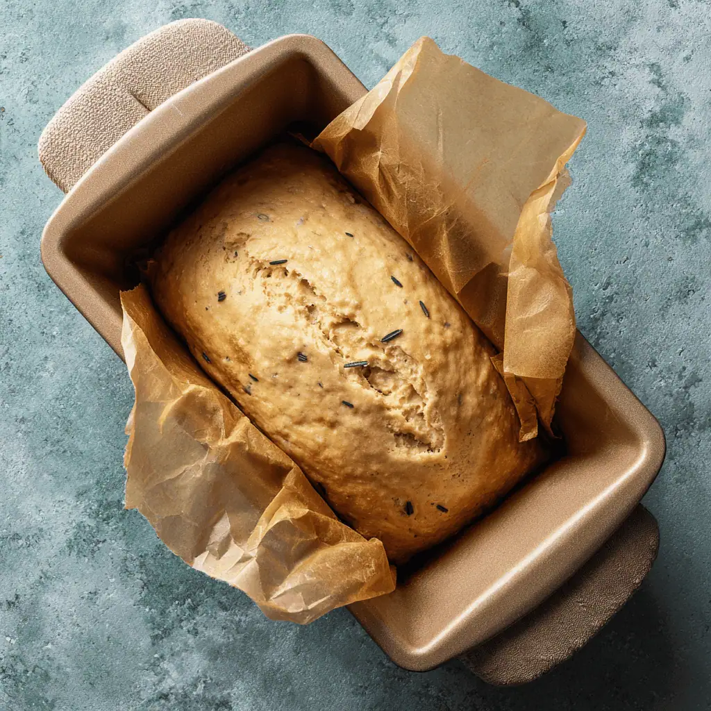 Gluten free bread batter in parchment-lined loaf pan with smooth top ready for baking