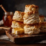 Fluffy gluten free biscuits with golden tops and visible flaky layers on wooden board with melting butter