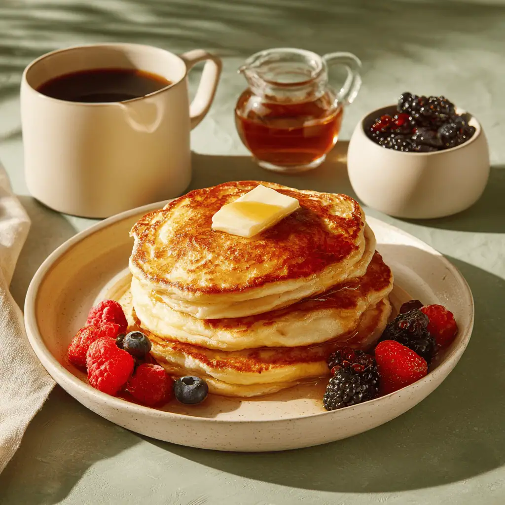 Fluffy gluten free pancakes on breakfast serving platter with syrup and berries