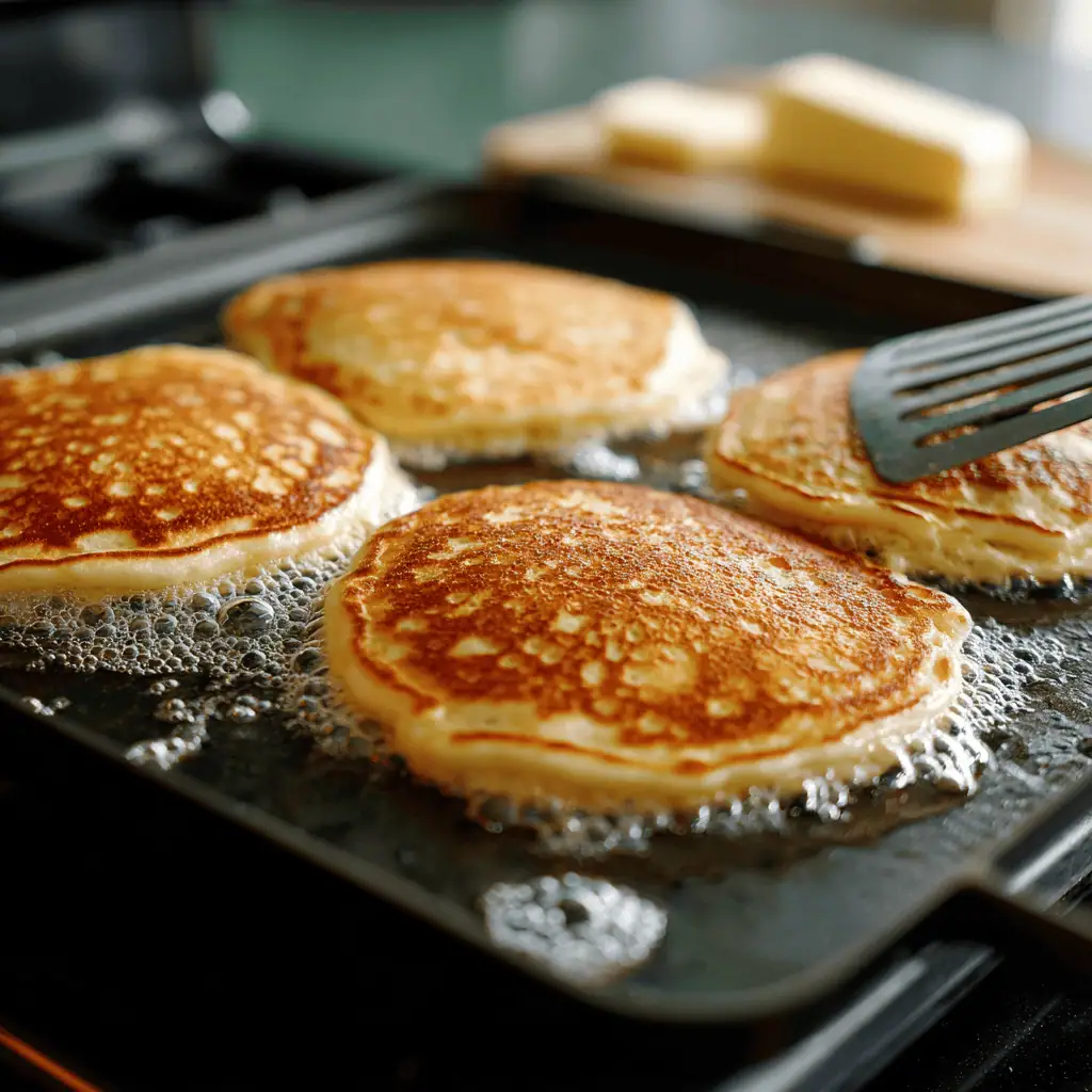 Gluten free pancakes cooking on griddle with bubbles forming showing perfect flip timing