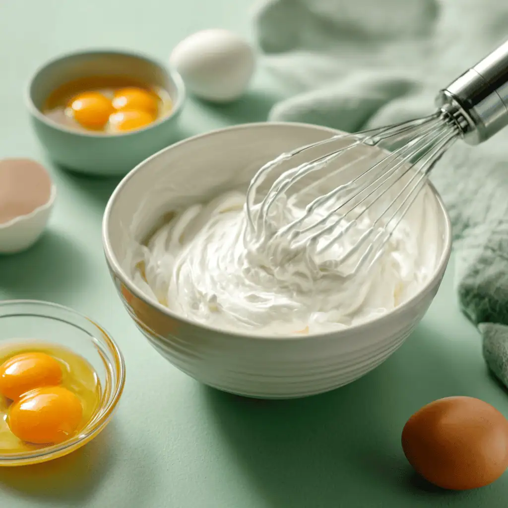 Beaten egg whites with soft peaks in white bowl showing technique for fluffy gluten free pancakes