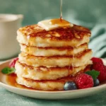 Fluffy gluten free pancakes stacked high with butter melting and syrup drizzling on white plate