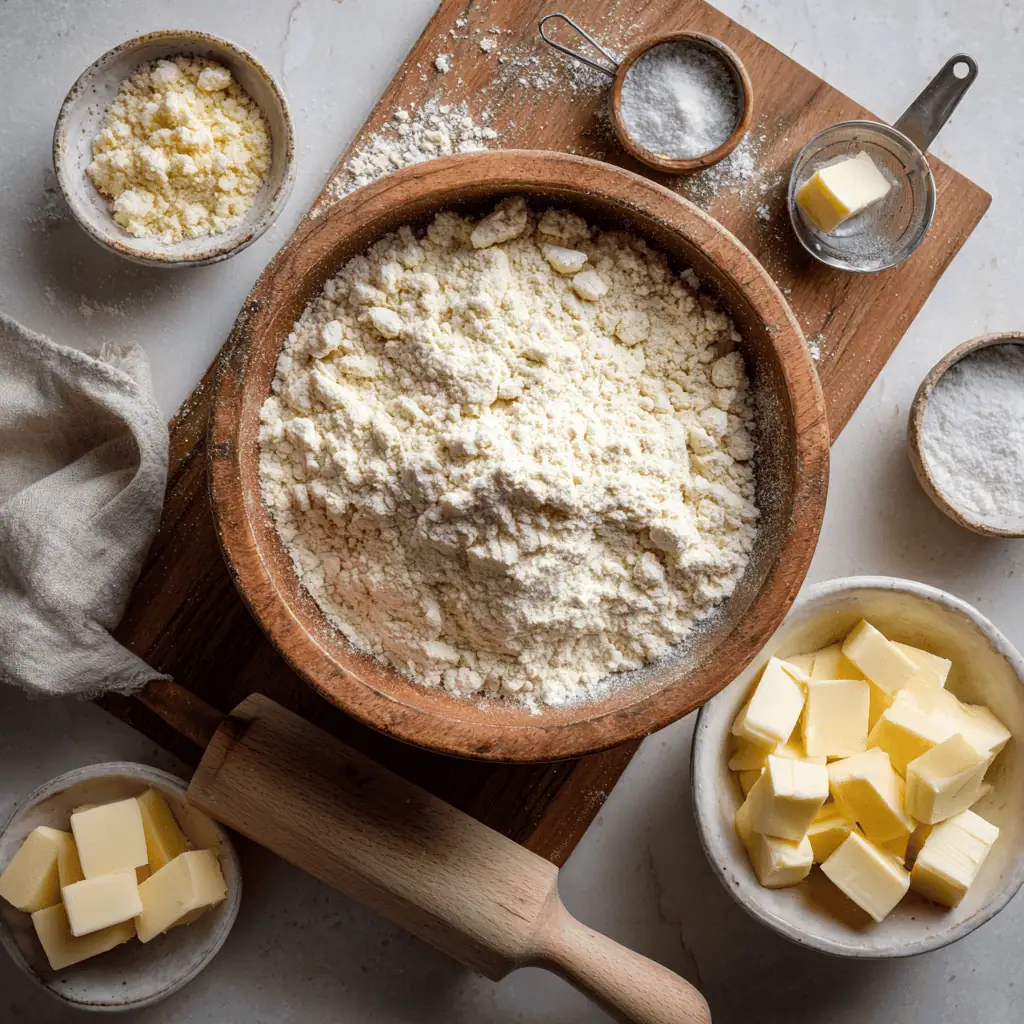 Gluten free flour mixture with pea-sized butter pieces showing proper texture for flaky biscuits