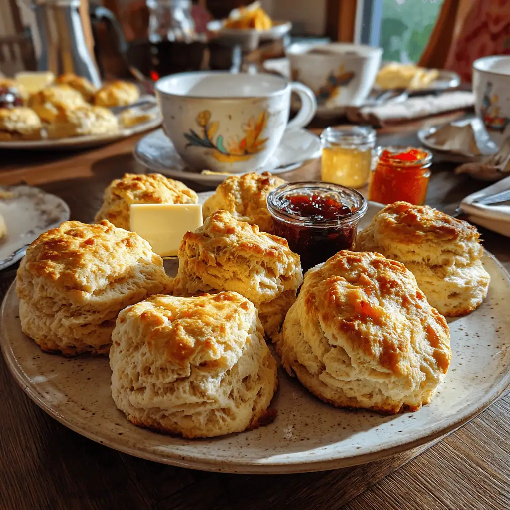  Fresh baked gluten free biscuits on serving platter with butter and jam for breakfast