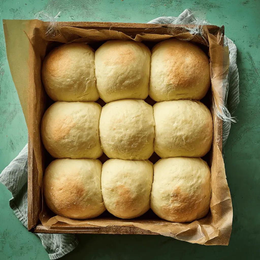 Soft Gluten Free Dinner Rolls Recipe 9 Gluten free dinner roll dough portions in baking pan after rising showing puffy texture before baking