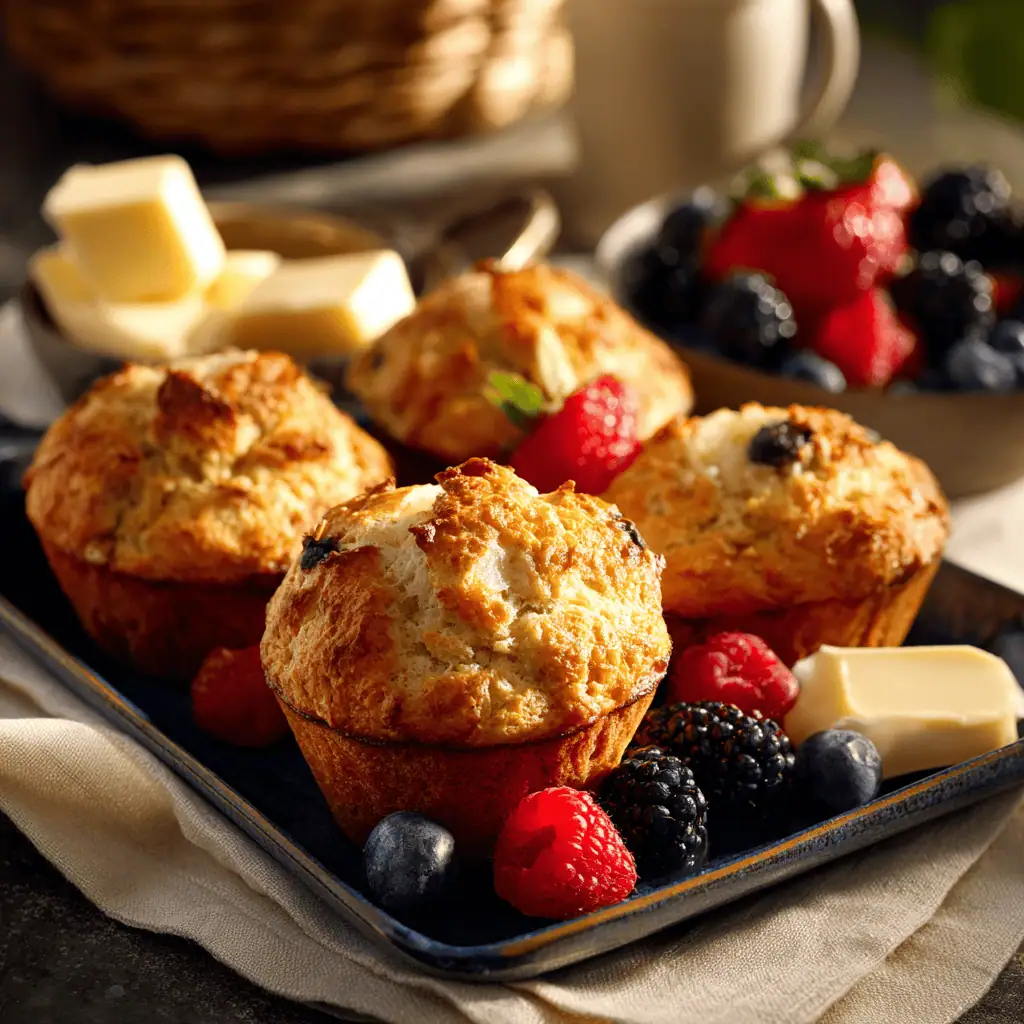 Gluten free muffins on breakfast serving platter with fresh berries and butter in morning light