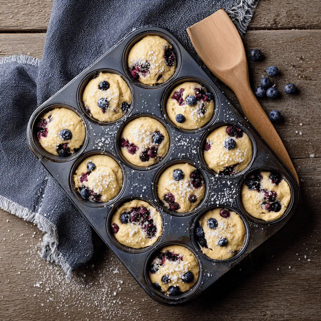  Muffin tin filled with gluten free blueberry batter and turbinado sugar tops ready for baking