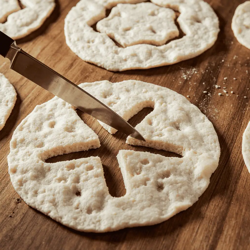 Hands carving jack-o'-lantern face into tortilla showing triangle eyes and jagged smile technique