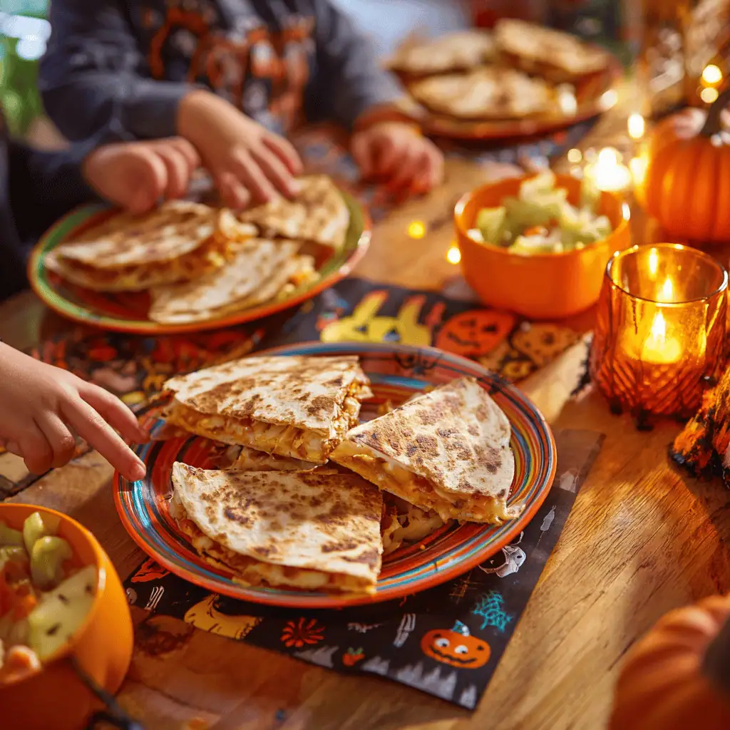 Family enjoying jack-o'-lantern quesadilla wedges with dipping sauces on colorful Halloween plates