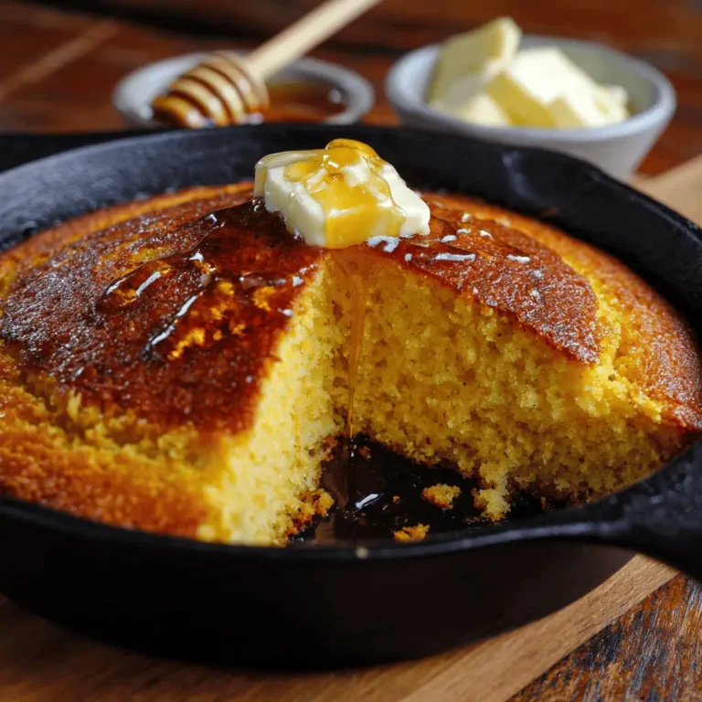 Perfect dairy free cornbread in cast iron skillet with golden top and moist tender crumb with honey drizzle