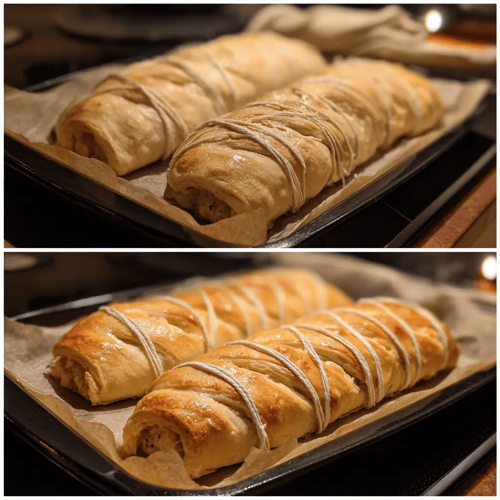 Before and after baking comparison of pumpkin-shaped sausage rolls showing pastry transformation and ridge development