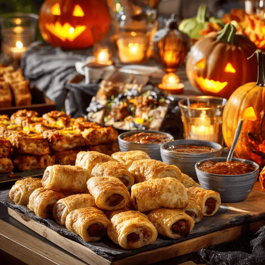Halloween party table featuring pumpkin-shaped sausage rolls with dipping sauces and festive decorations