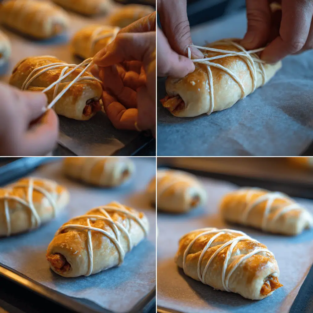 Hands tying cotton string around sausage roll to create pumpkin segment ridges before baking