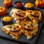 Jack-o'-lantern quesadillas with carved faces showing melted cheese on dark serving board with dipping sauces