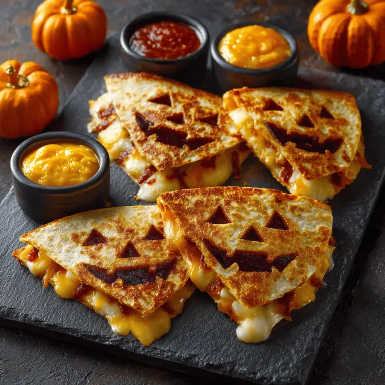 Jack-o'-lantern quesadillas with carved faces showing melted cheese on dark serving board with dipping sauces