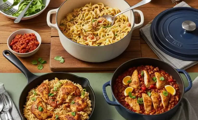Variety of easy one pot meals including pasta, chicken, and chili showing diverse one pot cooking options