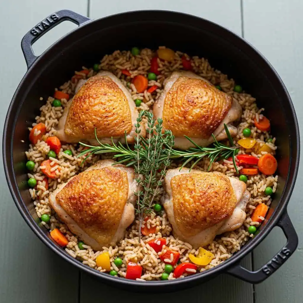 One pot chicken and rice with crispy thighs over seasoned rice and vegetables