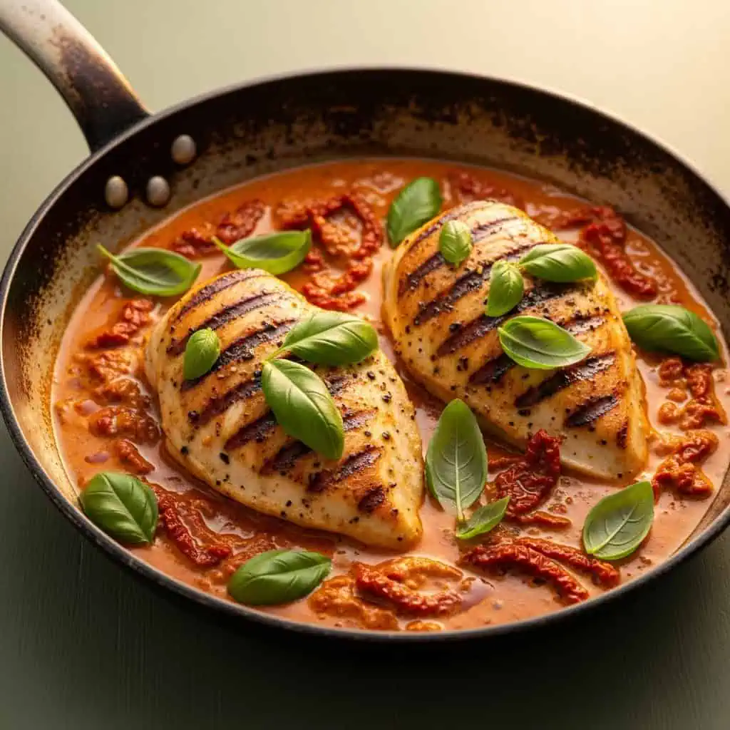 Marry me chicken one pot with sun-dried tomato cream sauce and basil