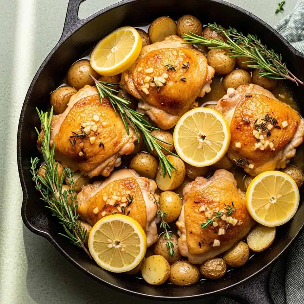 One pot lemon chicken with baby potatoes in tangy garlic sauce with lemons