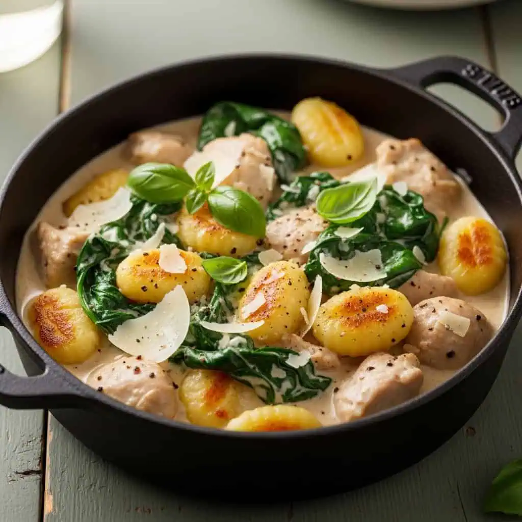 One pot chicken gnocchi with pillowy dumplings in creamy parmesan sauce