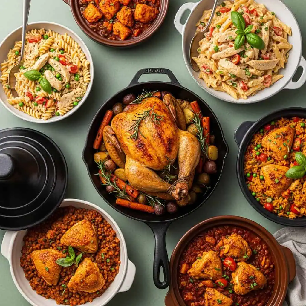 Variety of one pot chicken dinner ideas showing different cooking methods