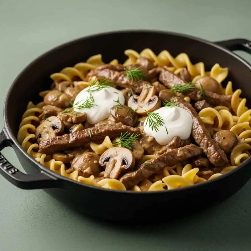 One pot beef stroganoff with tender beef and mushrooms in sour cream sauce