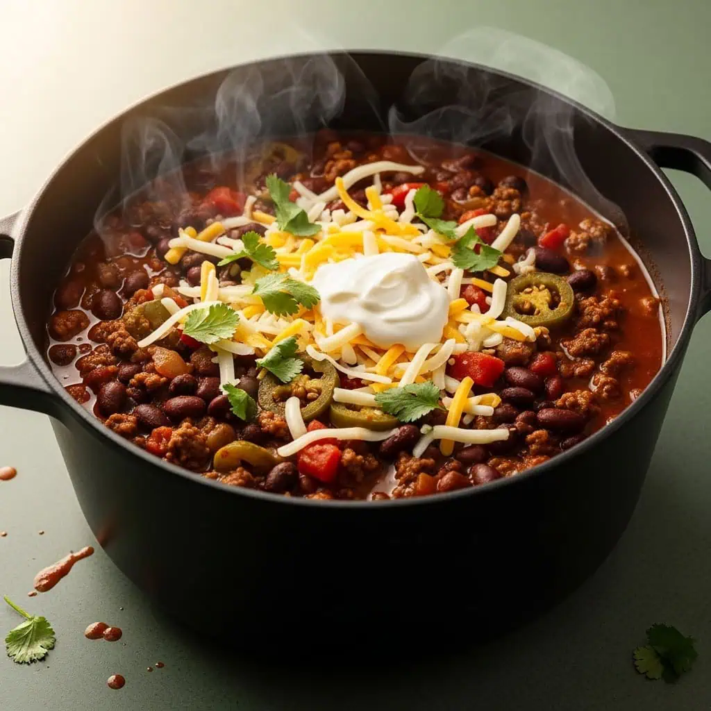 Hearty one pot chili with ground beef, beans, and thick tomato sauce