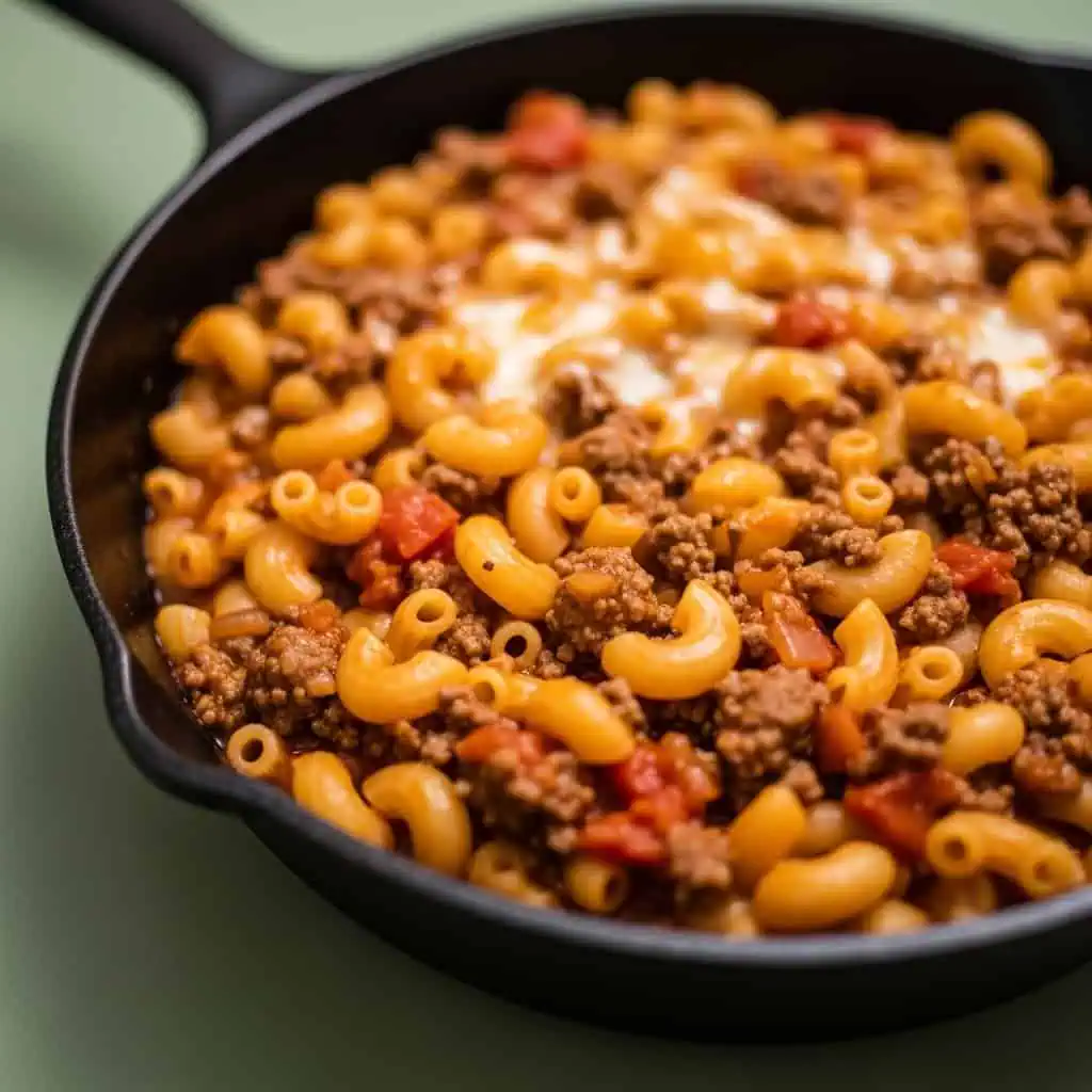American one pot goulash with macaroni and ground beef in tomato sauce