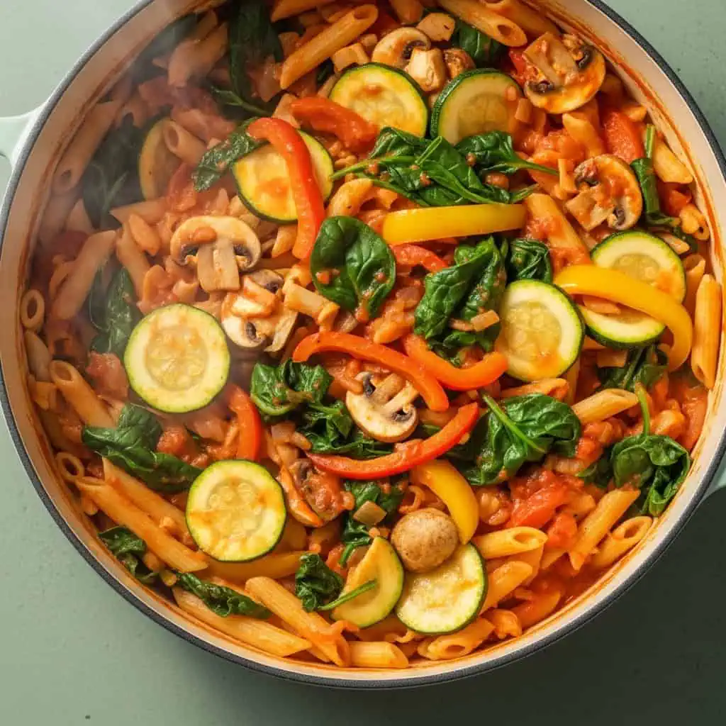 One pot vegetarian pasta loaded with colorful vegetables in creamy sauce