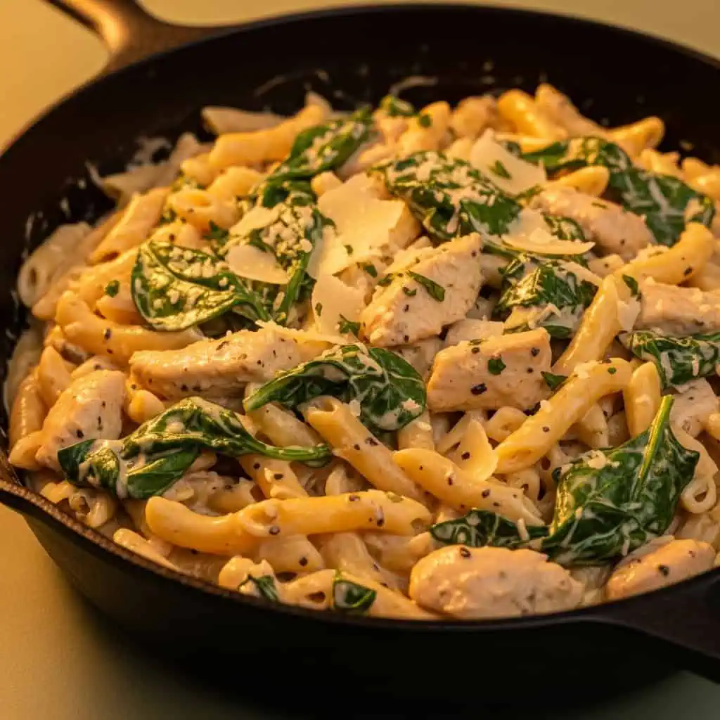 Creamy one pot chicken pasta in skillet with tender chicken and parmesan sauce