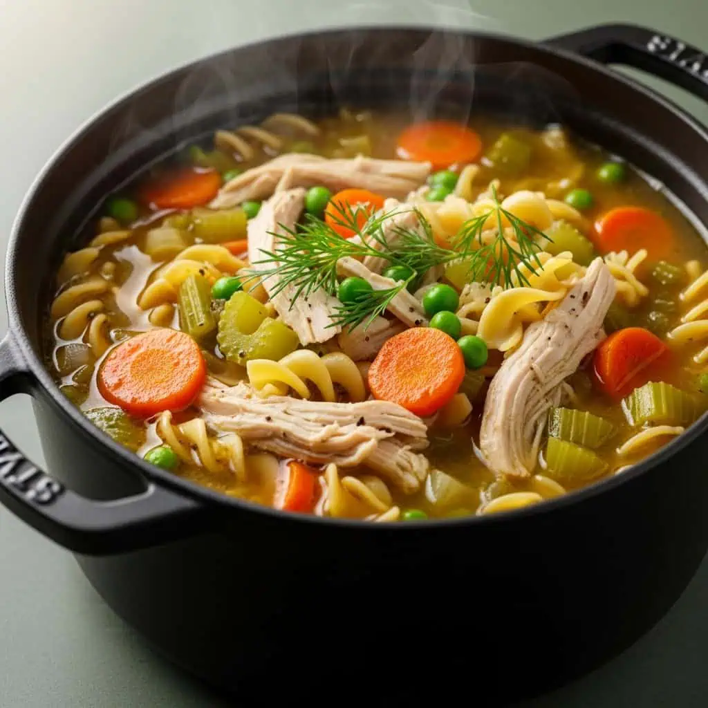Classic one pot chicken soup with tender chicken, vegetables, and noodles