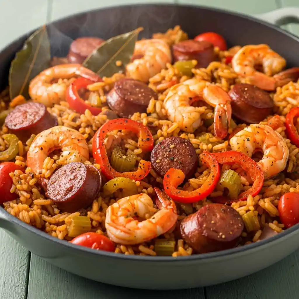 One pot jambalaya with andouille sausage, shrimp, and Cajun rice