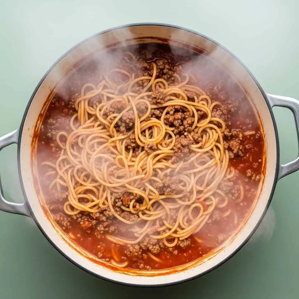One pot spaghetti cooking directly in marinara sauce with ground beef