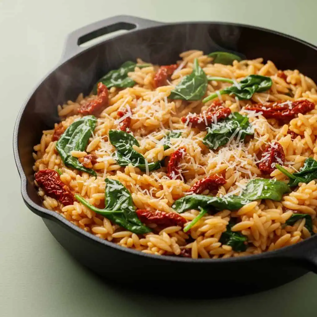Creamy one pot orzo with sun-dried tomatoes and spinach like risotto