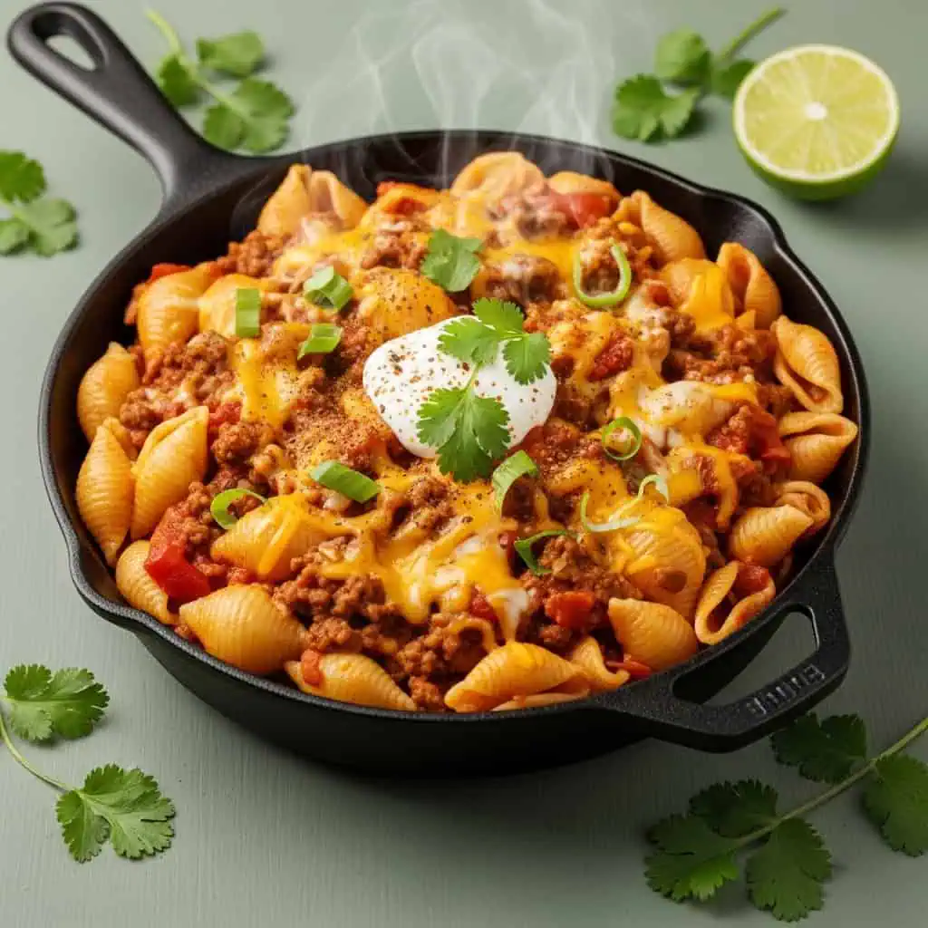 One pot taco pasta with seasoned beef and melted cheese in skillet