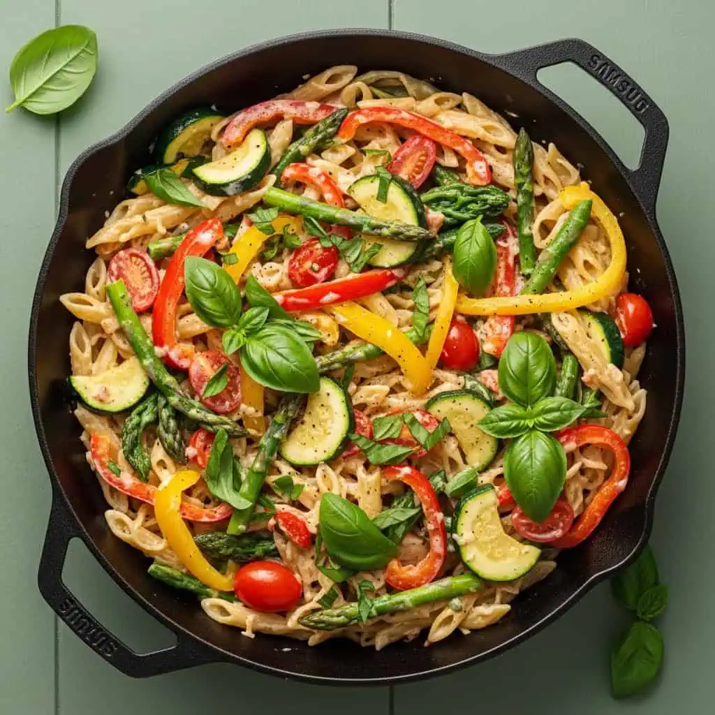 One pot pasta primavera with colorful spring vegetables in light cream sauce