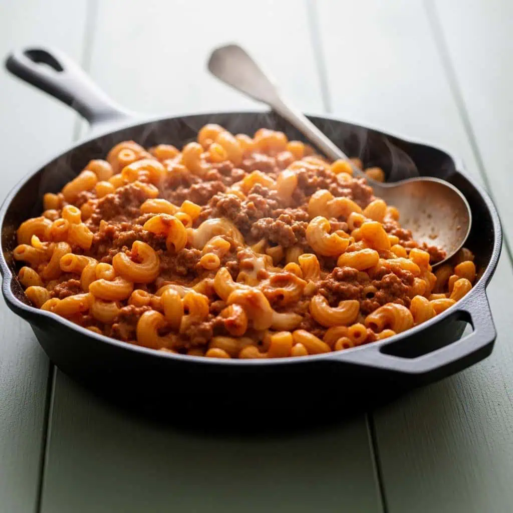 Homemade one pot hamburger helper with macaroni and beef in cheese sauce