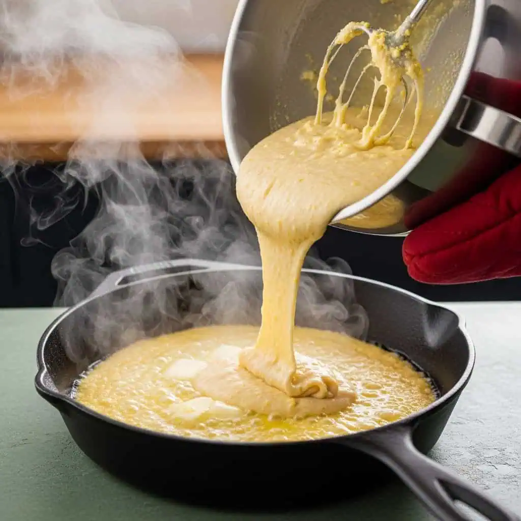 Crispy Cast Iron Skillet Cornbread Gluten Free Recipe 10 Gluten free cornbread batter being poured into hot cast iron skillet with steam rising