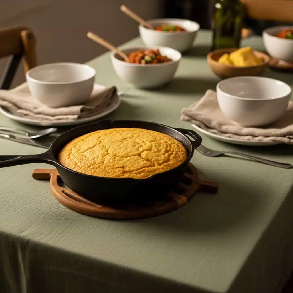 Crispy Cast Iron Skillet Cornbread Gluten Free Recipe 11 Cast iron skillet cornbread gluten free on dinner table with chili and rustic setting